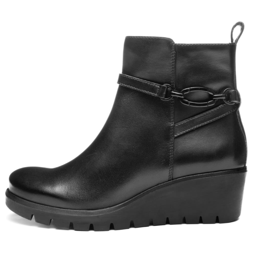 Black ankle boot with a wedge sole on a white background Ara Como Wedge Ankle Boots H-Fit 12-57002 Black