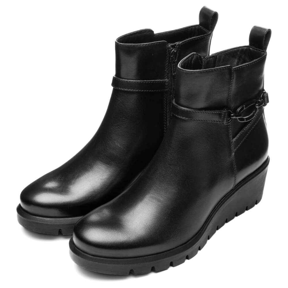 Black ankle boot with a wedge sole on a white background Ara Como Wedge Ankle Boots H-Fit 12-57002 Black