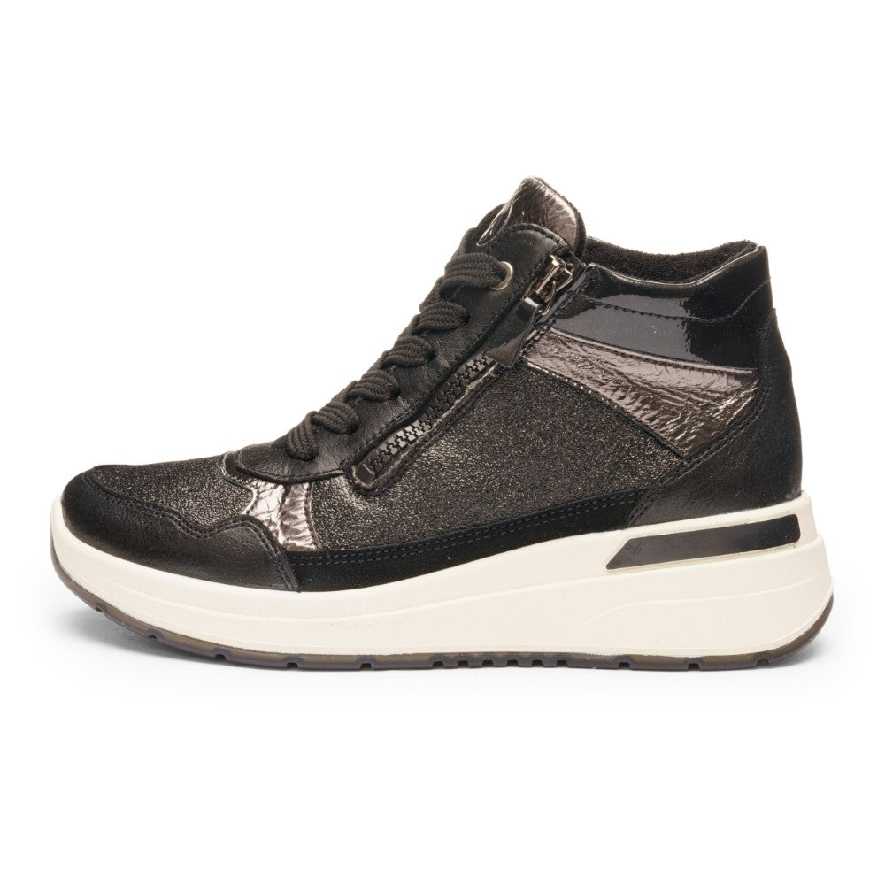 Ara Black high-top sneaker with metallic accents, Ara Garda Hi-top Trainers Wide H-Fit 12-57703 Black
