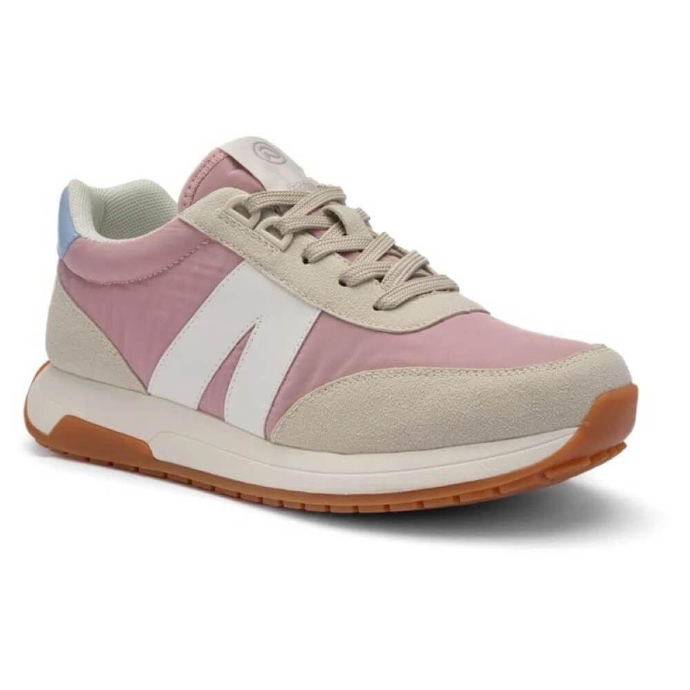 Pink and beige sneaker with a white sole on a white background