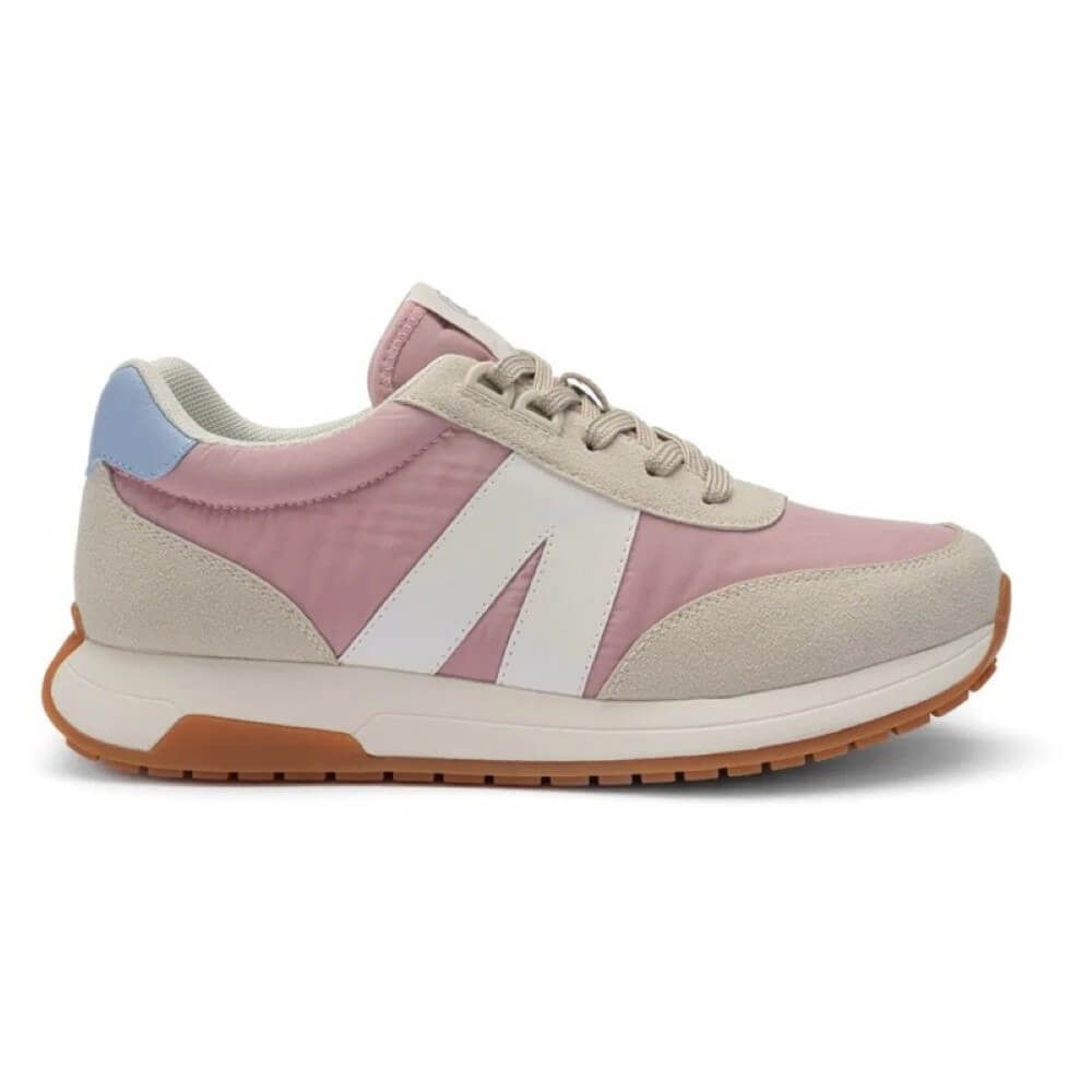 Pink and beige sneaker with a brand logo on a white background
