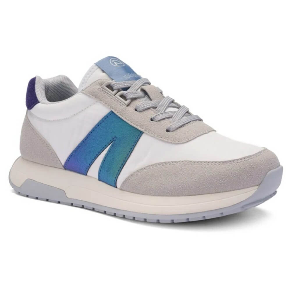 Sneaker with blue and gray design on a white background