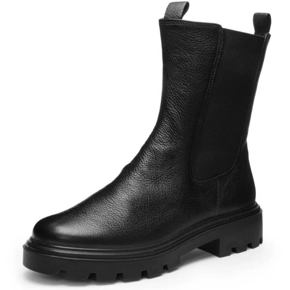 Black leather boot on a white background