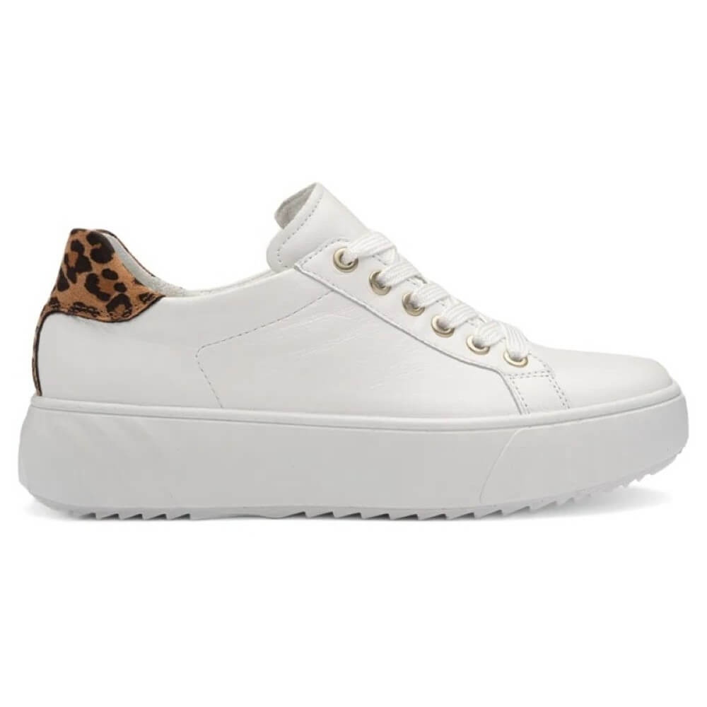 White sneaker with leopard print heel tab on a white background