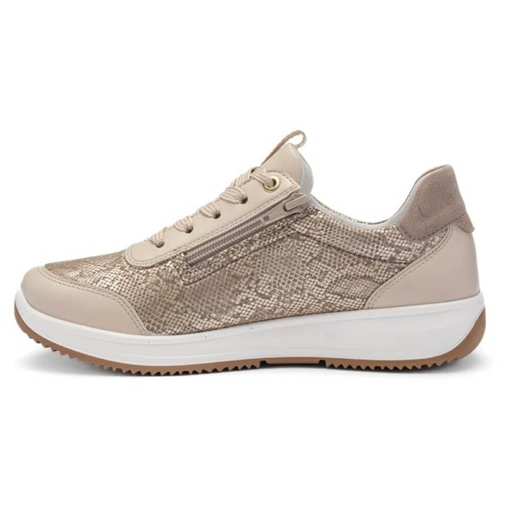 Beige sneaker with snake print pattern on a white background