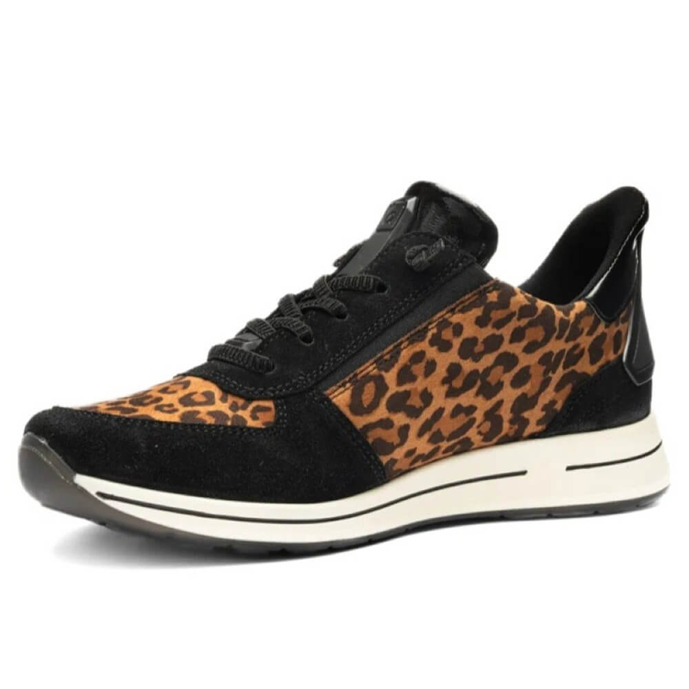 Black slip-on sneaker with leopard print pattern on a white background Ara Osaka 2 Easy2go slip-on 12-24836 Leopard Print