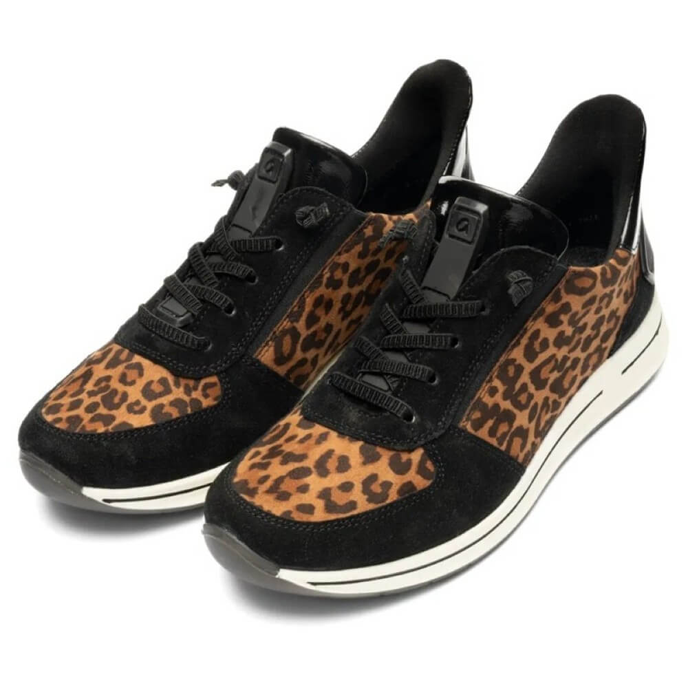 Black slip-on sneaker with leopard print pattern on a white background Ara Osaka 2 Easy2go slip-on 12-24836 Leopard Print