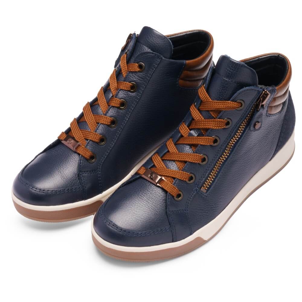 Pair of navy high-top sneakers with brown laces and zippers on a white background Ara Rom Leather Ankle Boot 12-24499 Navy Brown