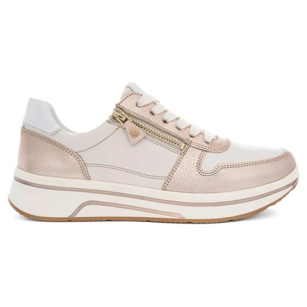 beige sneaker with a gold zipper on a white background
