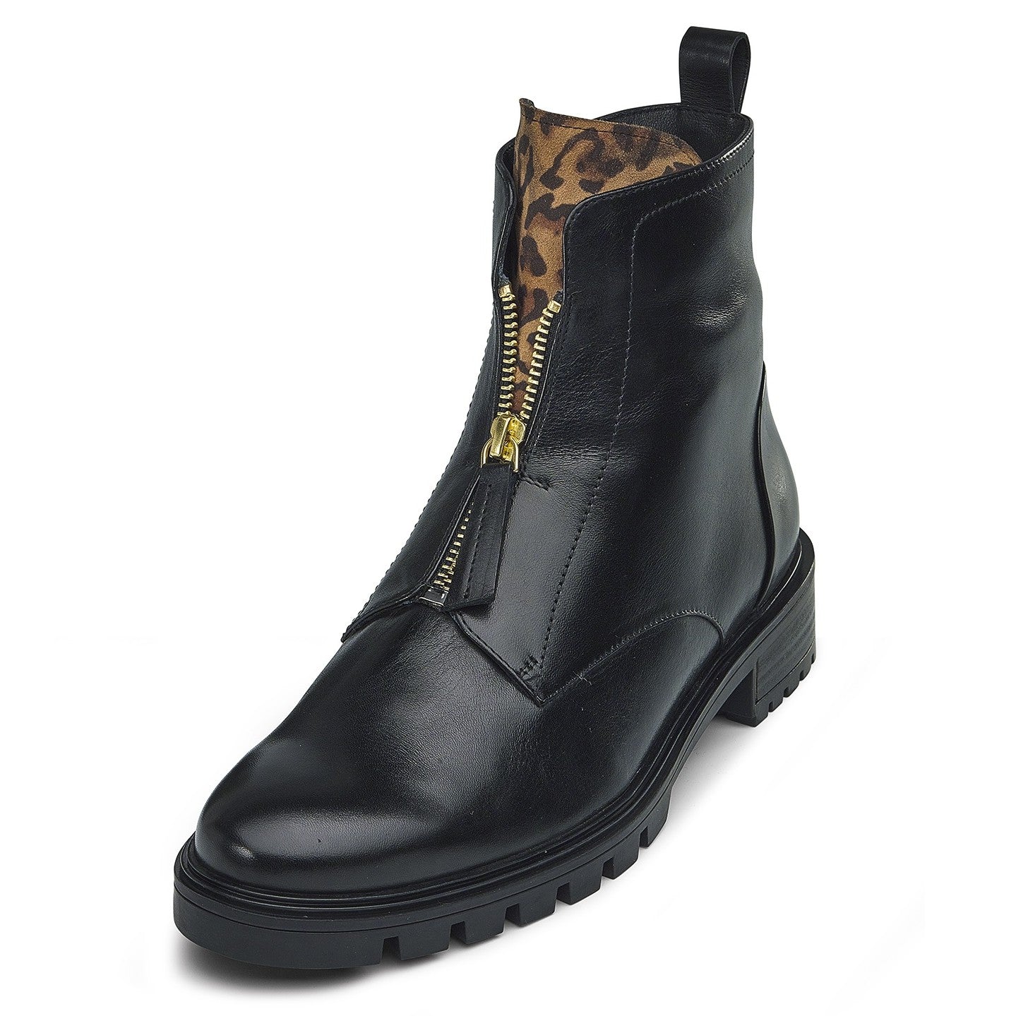 Black leather boot with a gold zipper and leopard print lining on a white background Ara Tulsa ST Ankle Boot 12-29520 ARA-BLACK