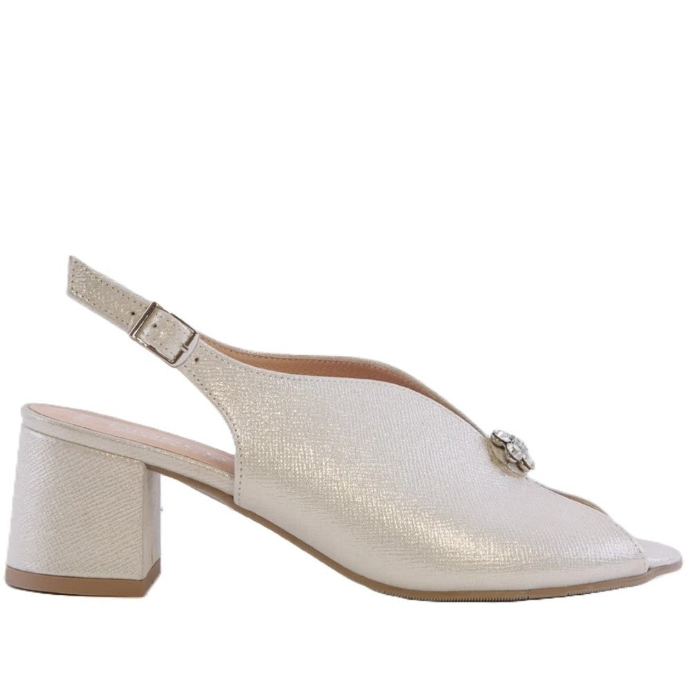 Bioeco light gold open-toe sandal with a block heel and decorative element on a white background