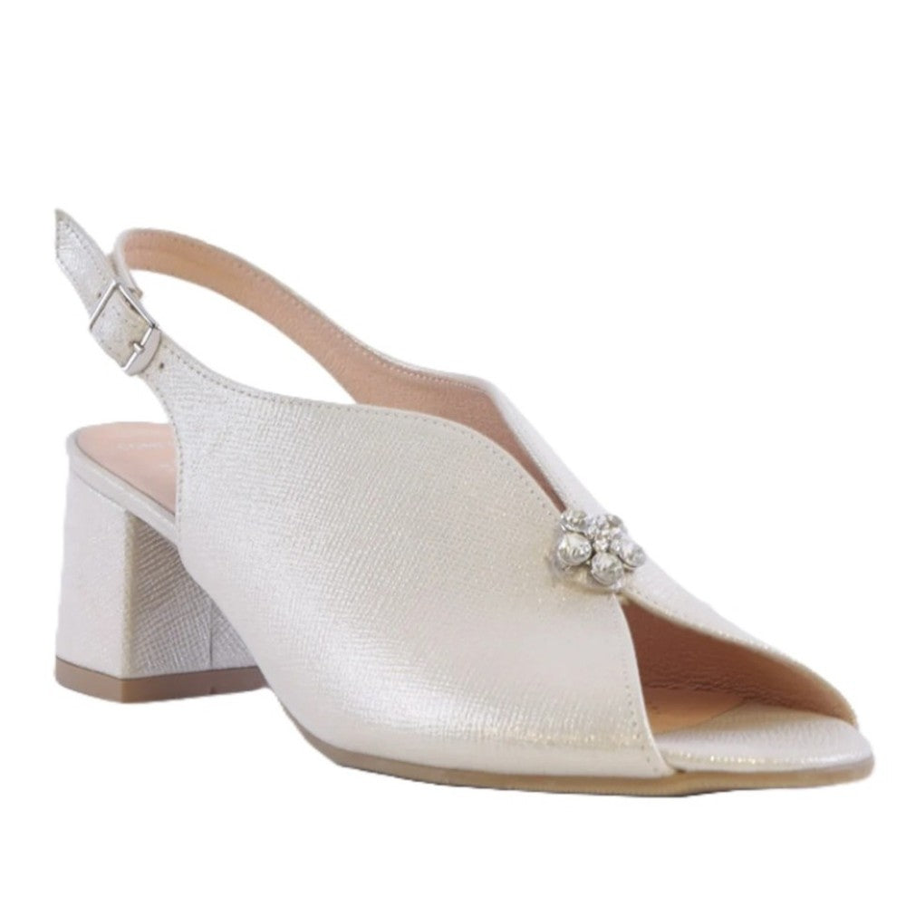Bioeco light gold open-toe sandal with a block heel and decorative element on a white background