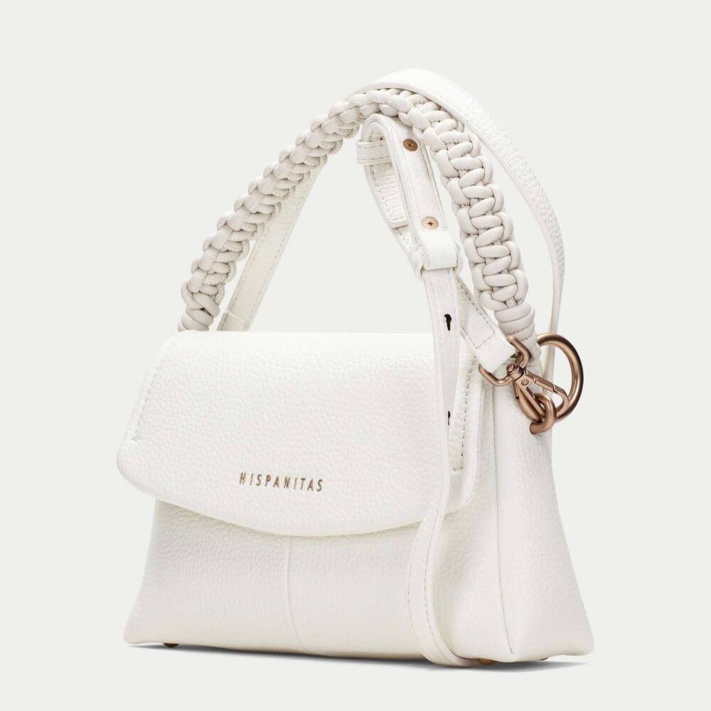 Hispanitas White handbag with beaded handle on a white background