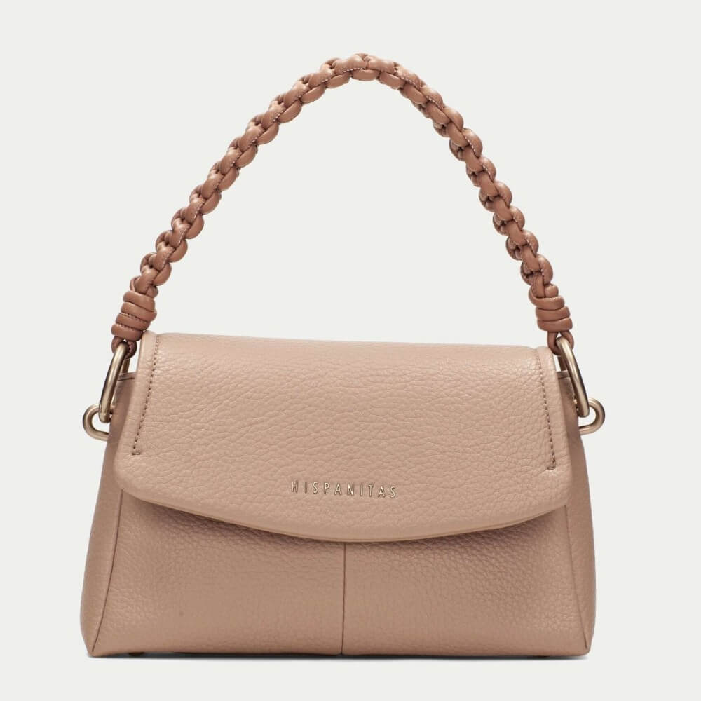 Hispanitas Beige handbag with braided handle on a light grey background