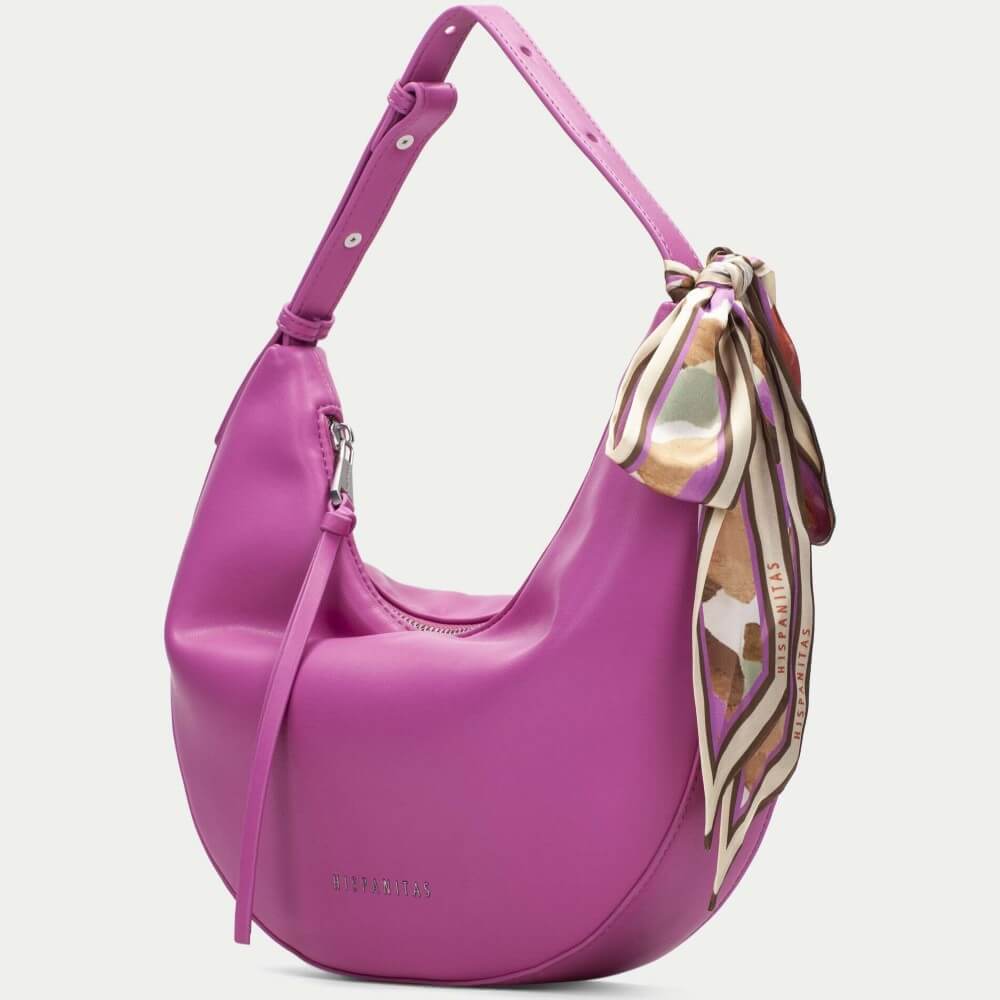 Hispanitas Pink handbag with a matching scarf on a light grey background