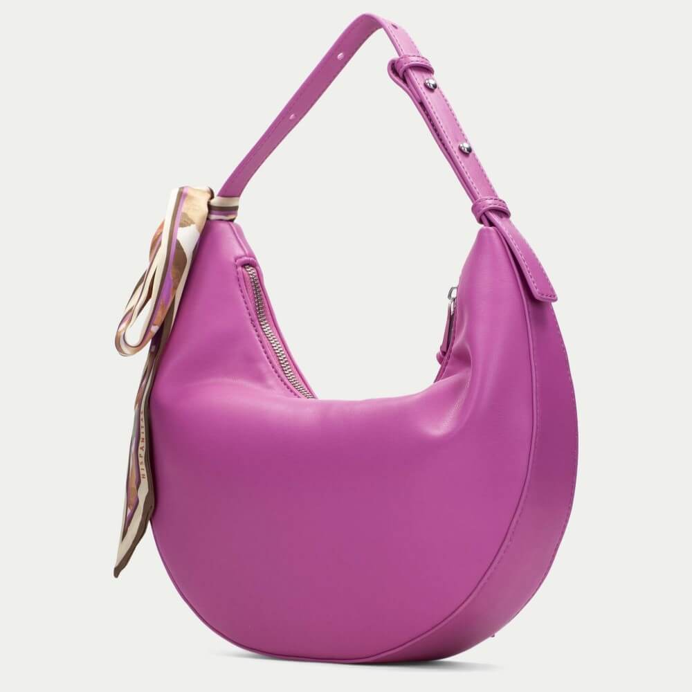 Hispanitas Pink handbag with a matching scarf on a light grey background