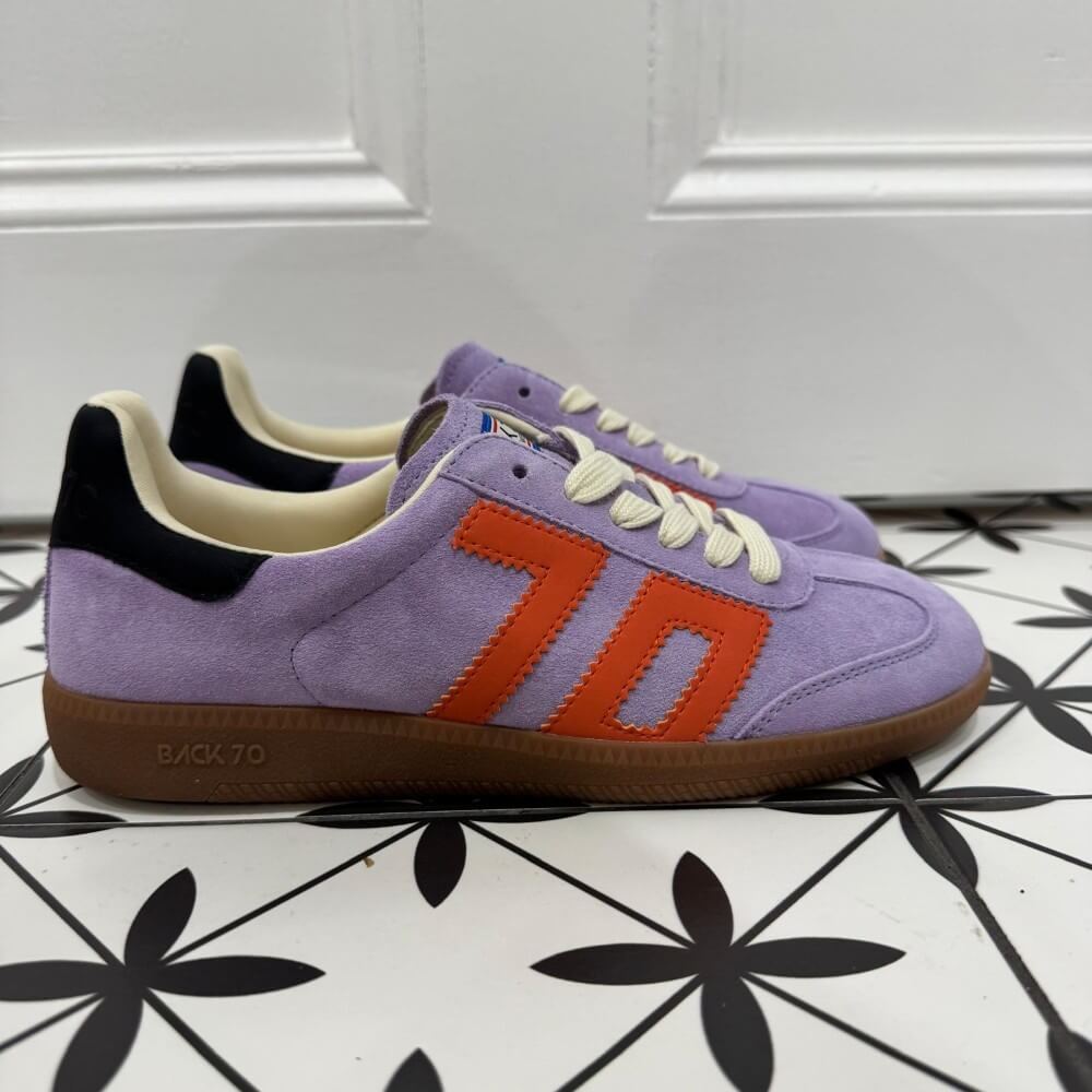 Back 70 Cloud Purple sneakers with orange accents
