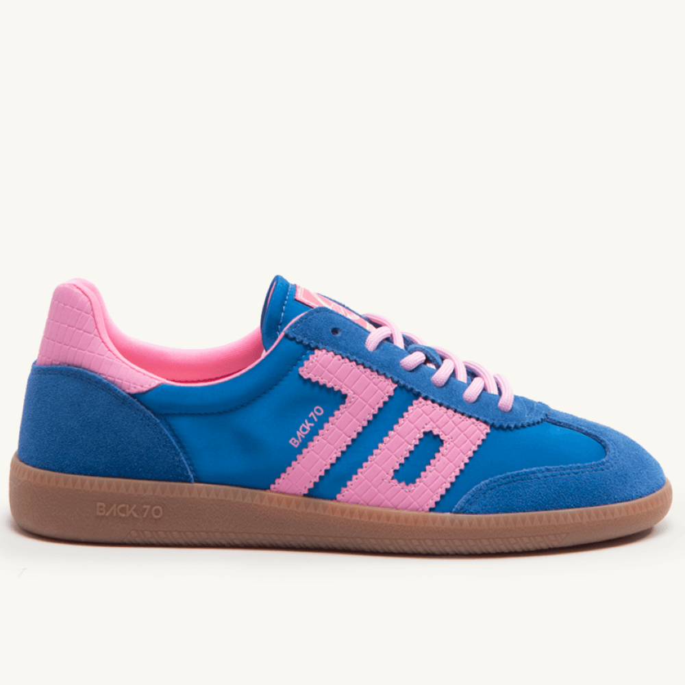 Back 70 Sapphire blue and pink trainers on a white background