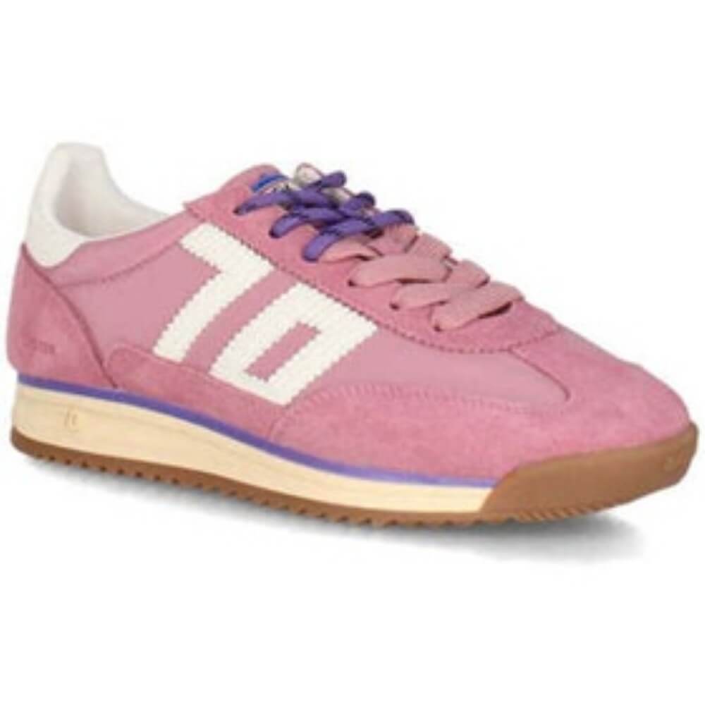 Back 70 Pink sneaker with white accents on a white background