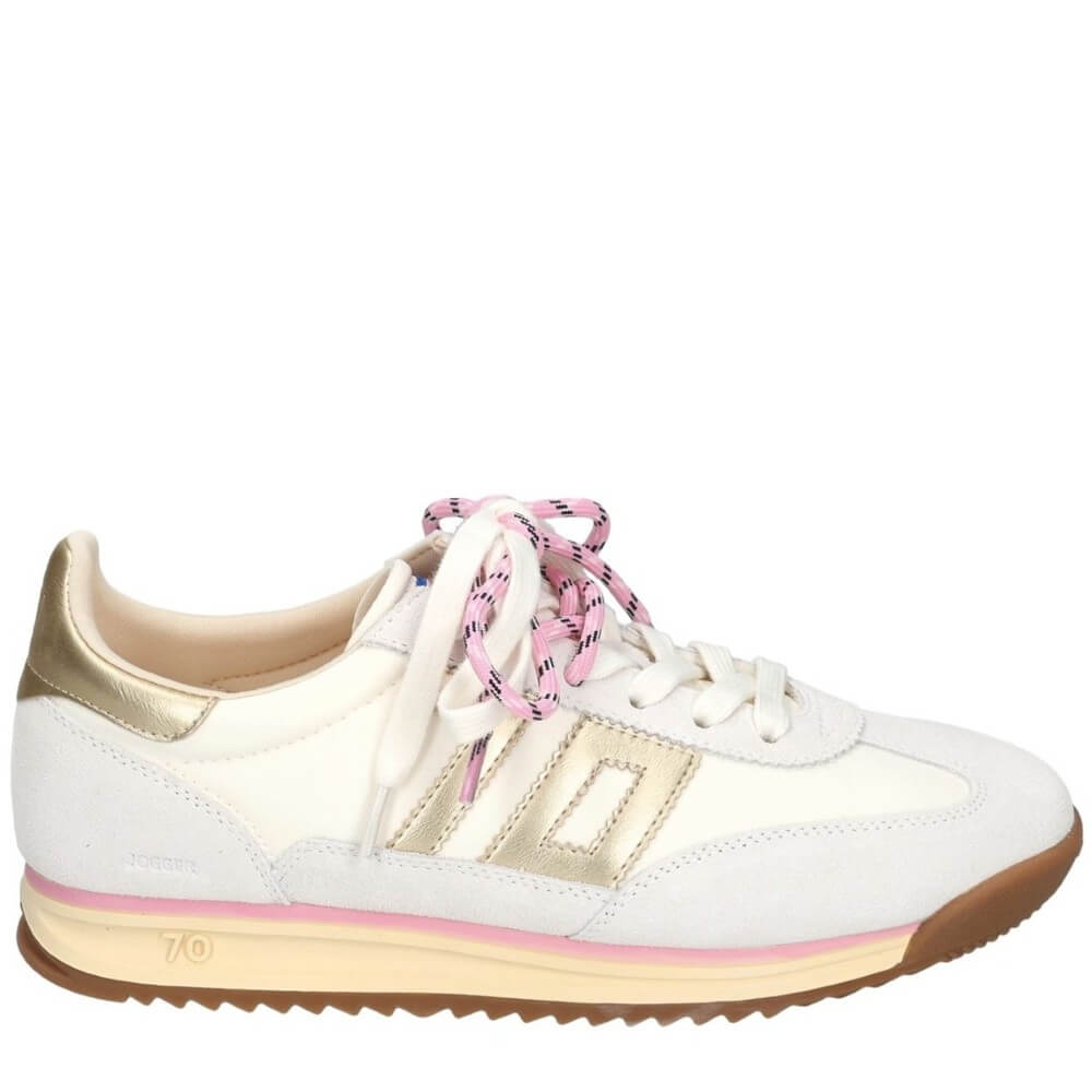 Back 70 White sneaker with gold accents and pink laces on a white background