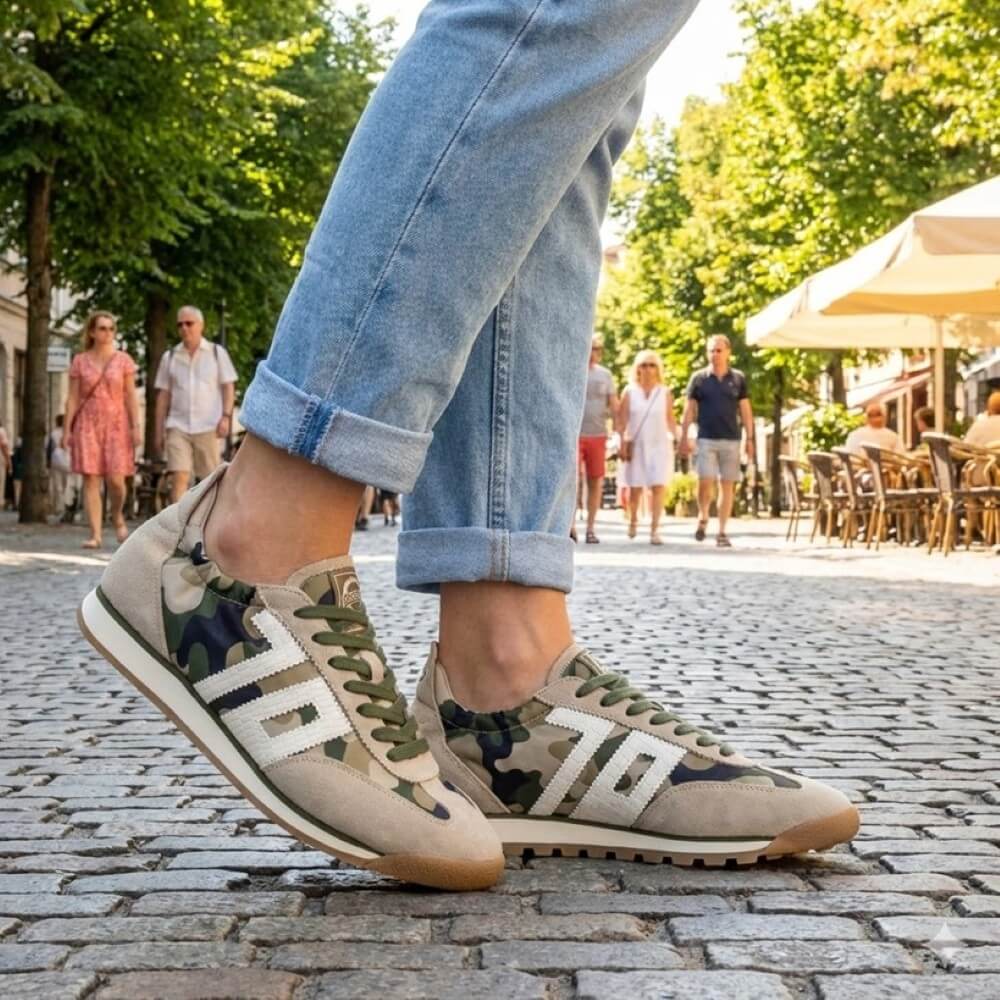 Person wearing Back 70 camouflage sneakers on a street with trees and people in the background