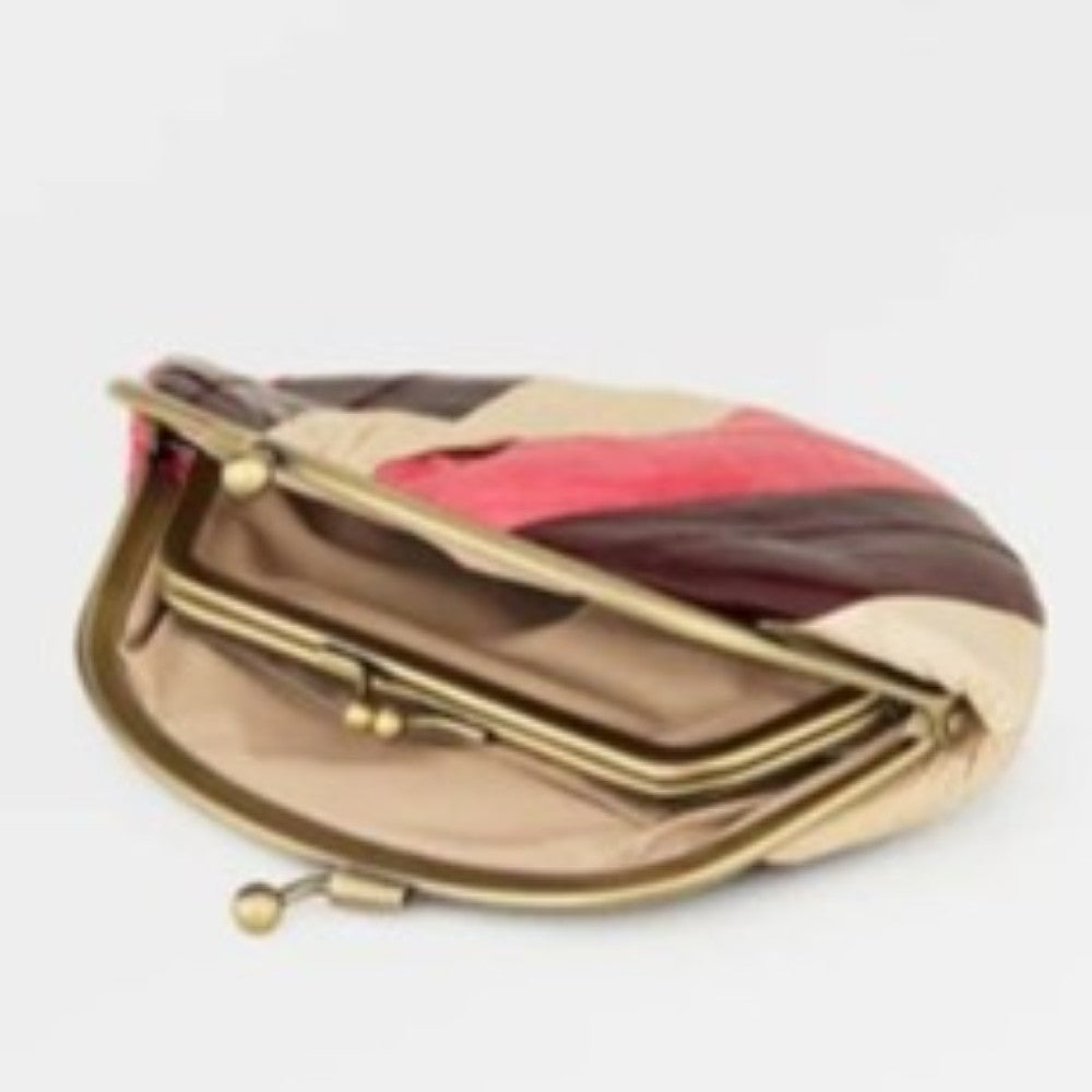 Colourful striped clutch bag with a gold clasp on a light Gray background Becksöndergaard Granny Purse Multi-Coloured
