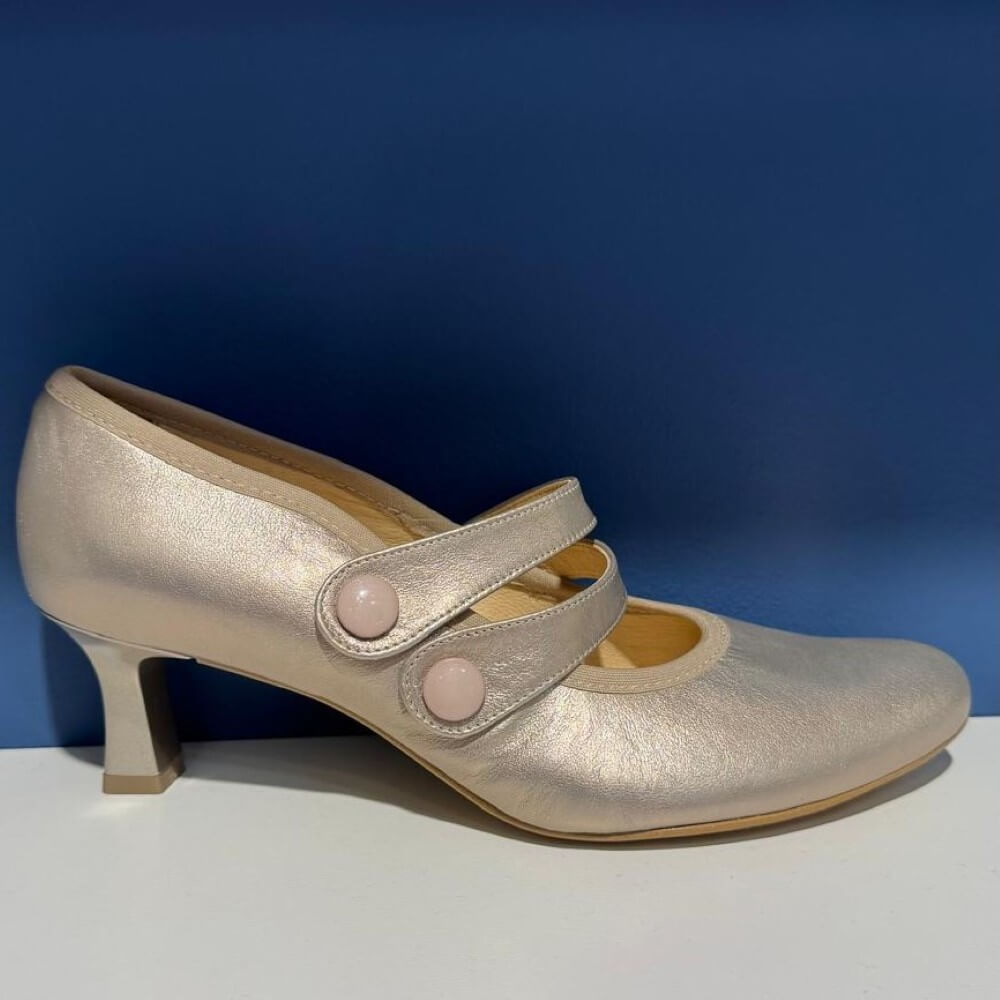 Bioeco Gold metallic Dancing shoe with buttons on a blue background