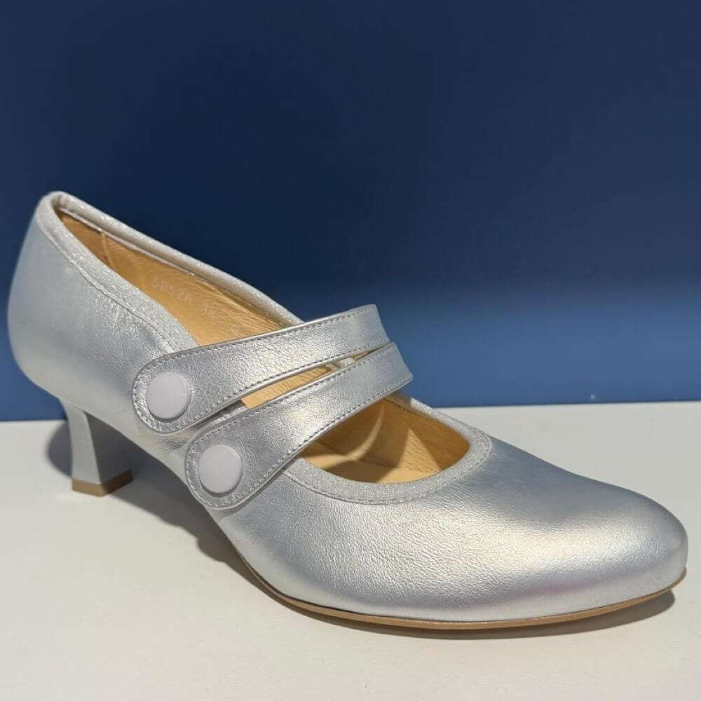 Bioeco Silver Mid-heeled dancing shoe with two straps on a blue background