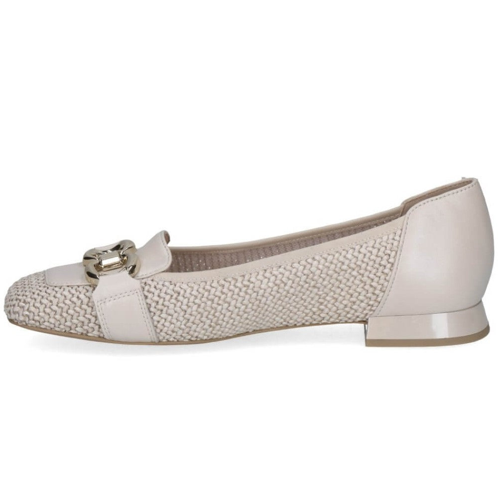 Caprice White shoe with gold buckle detail on a white background