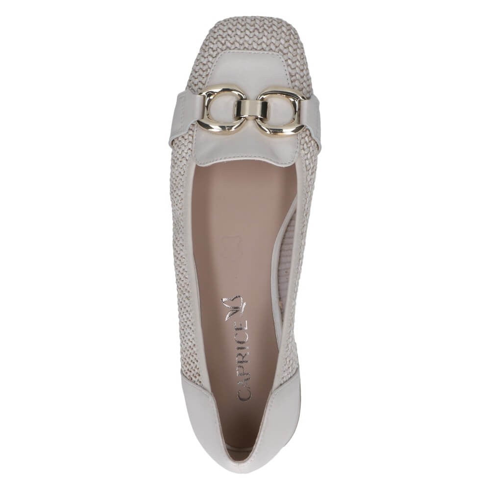 Caprice White shoe with gold buckle detail on a white background