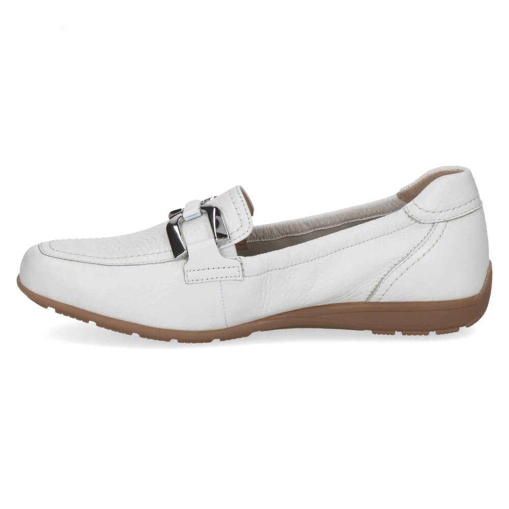 White loafer shoe with a brown sole on a white background
