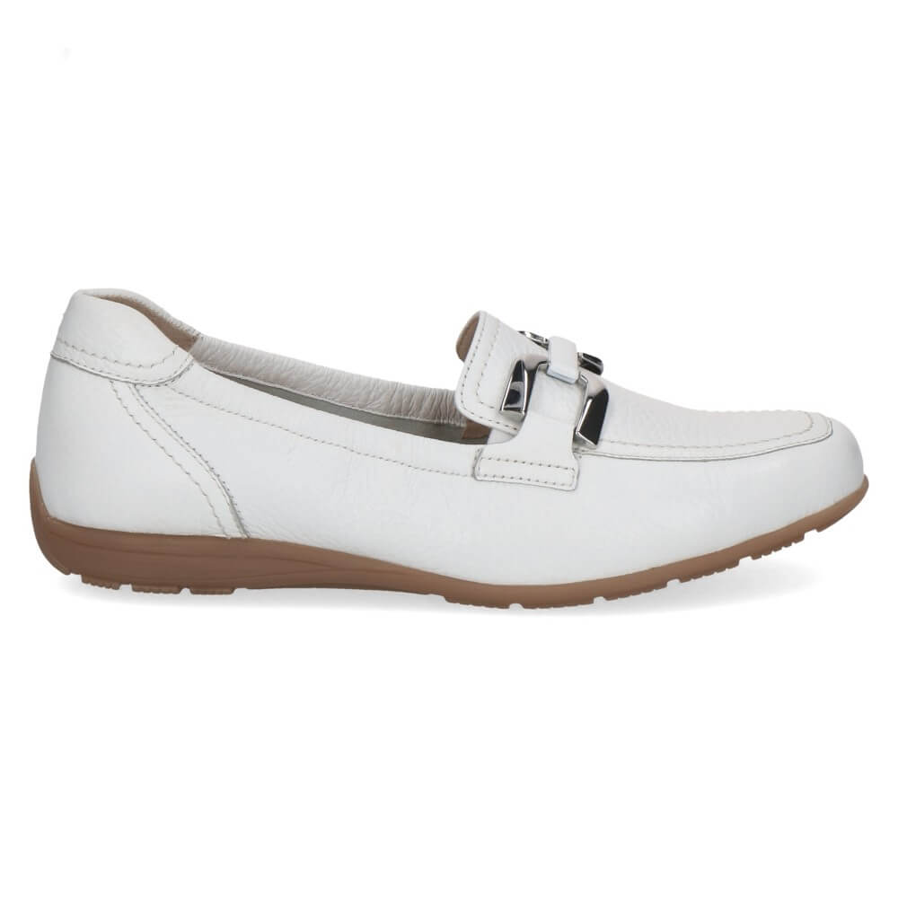 White loafer shoe with a brown sole on a white background
