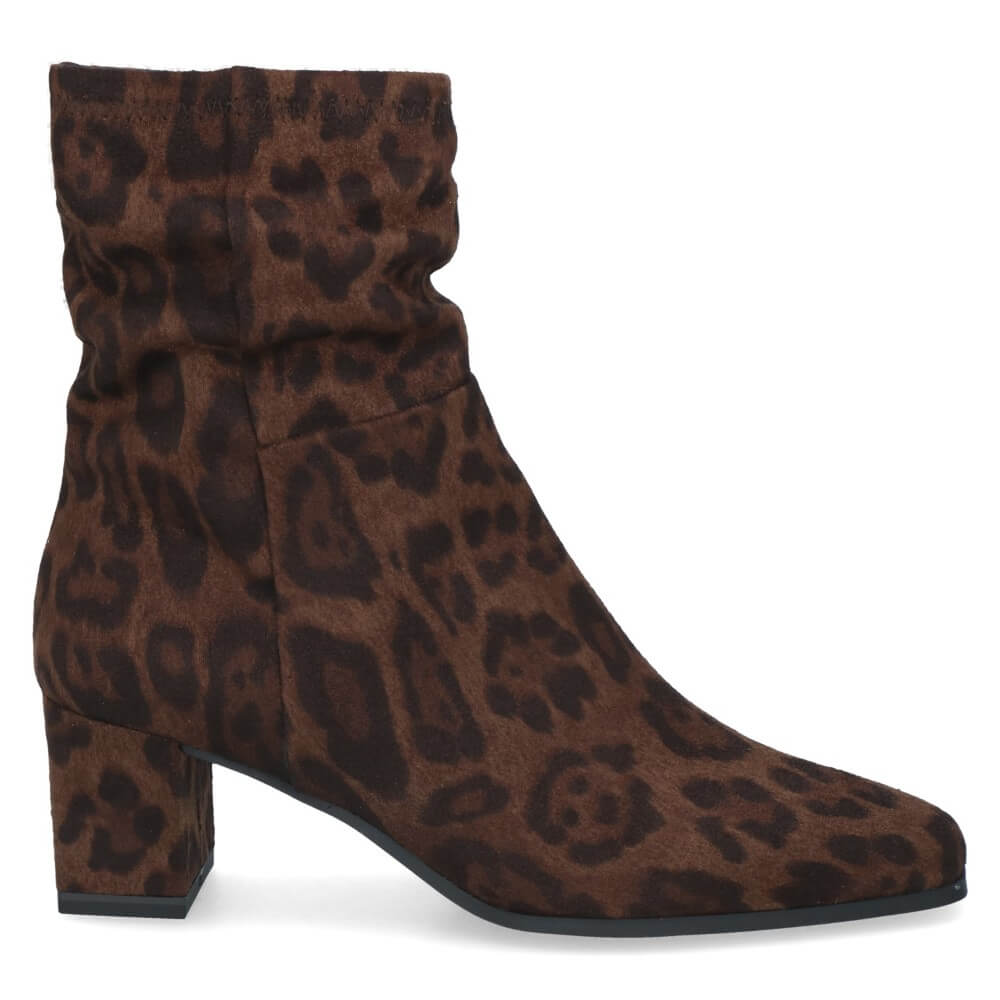 A Caprice brown suede ankle boot with a dark brown leopard print pattern, featuring a low block heel and a pointed toe, shown against a plain white background.