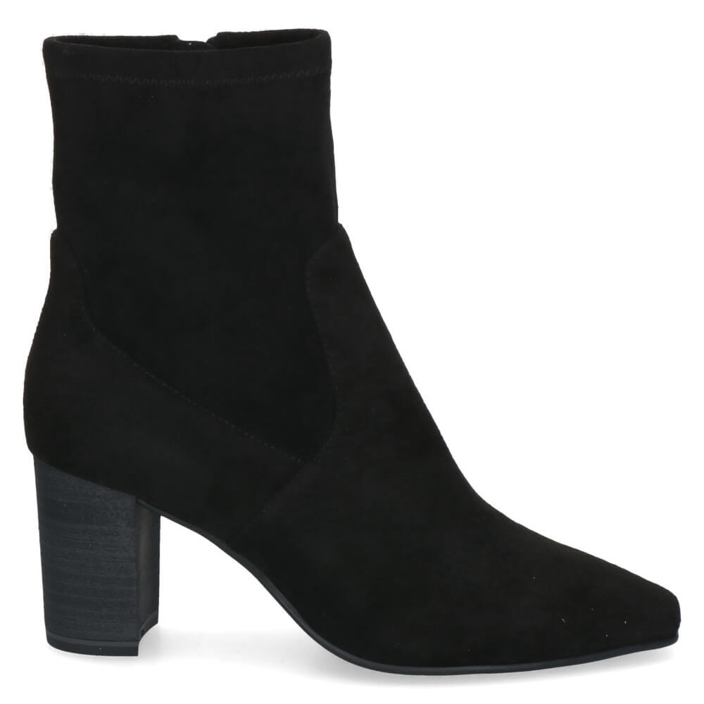 A Caprice black suede ankle boot with a chunky block heel and pointed toe, shown from a side profile on a white background.