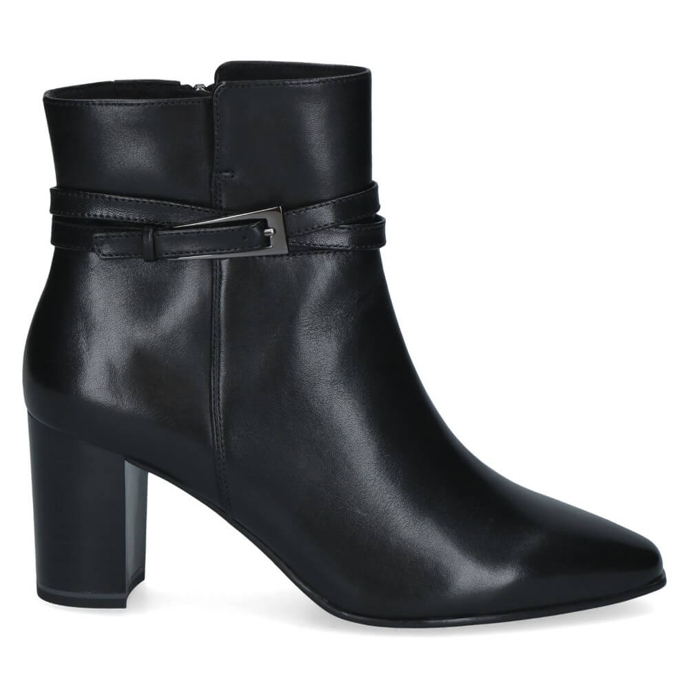 A Caprice black leather ankle boot with a pointed toe, block heel, and side buckle, shown from a side angle on a white background.