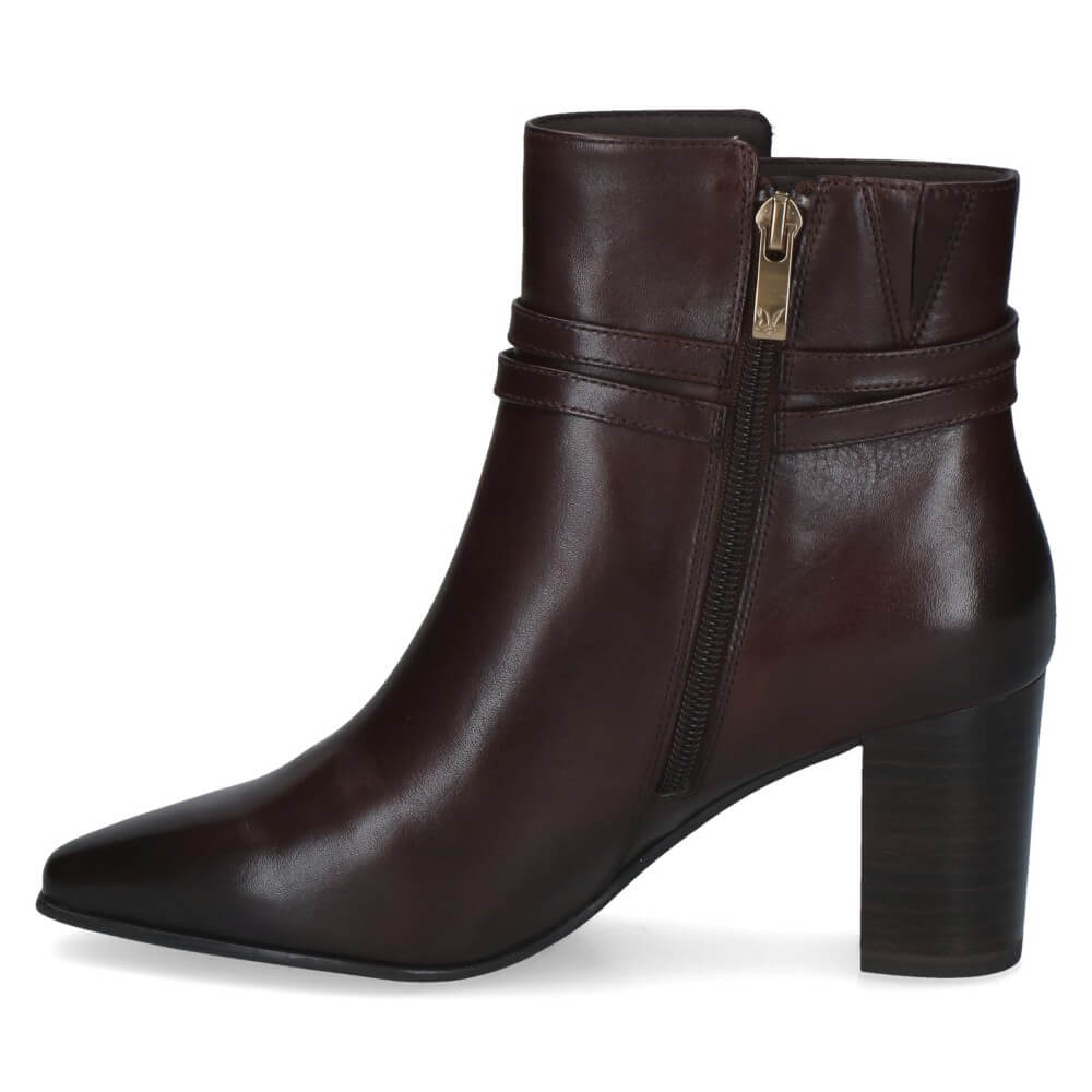 A Caprice dark brown leather ankle boot with a pointed toe, block heel, and a side zipper with a gold-tone pull tab, shown against a plain white background.