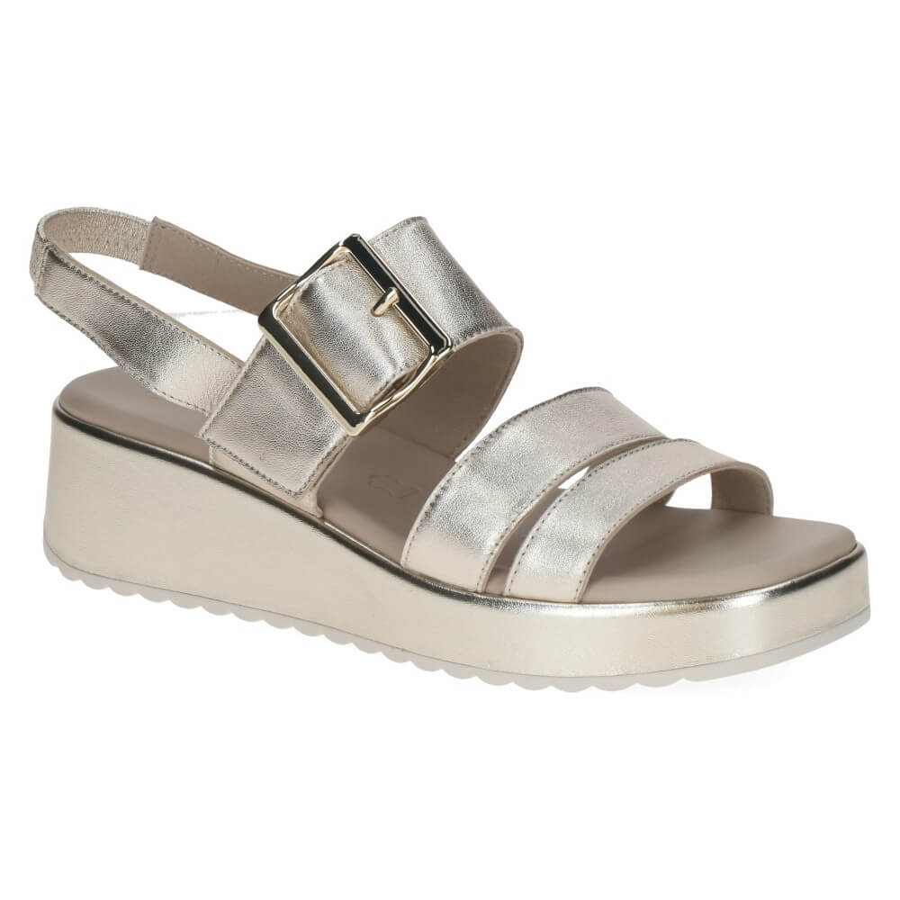 Caprice Gold sandal with a buckle on a white background