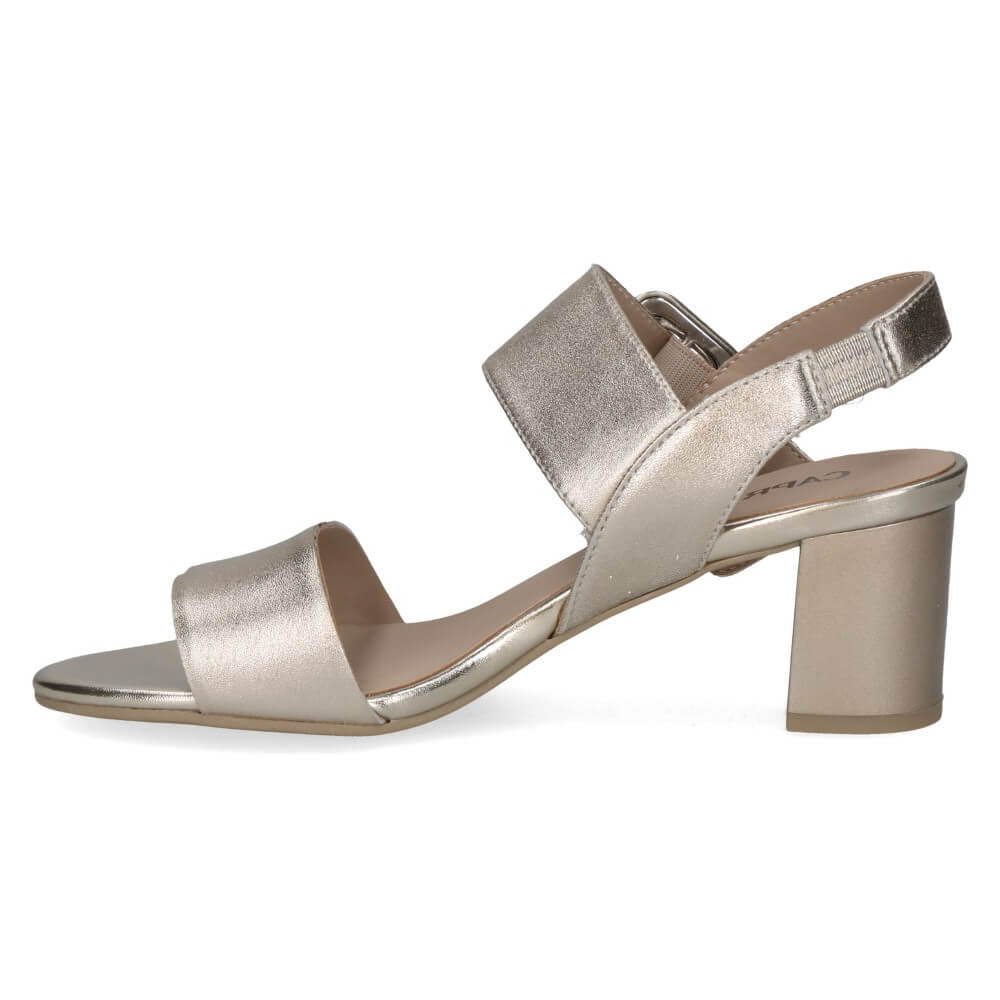 Caprice Gold metallic sandal with a buckle on a white background