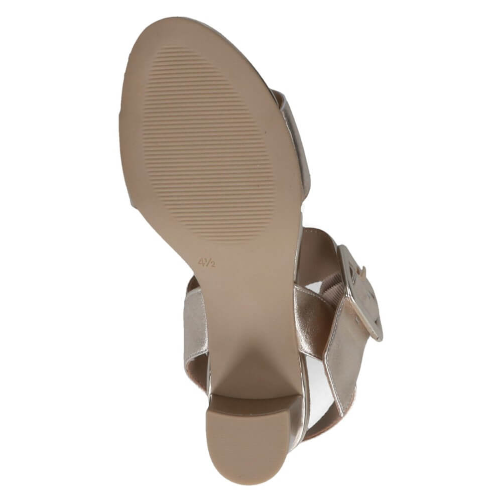 Caprice Gold metallic sandal with a buckle on a white background