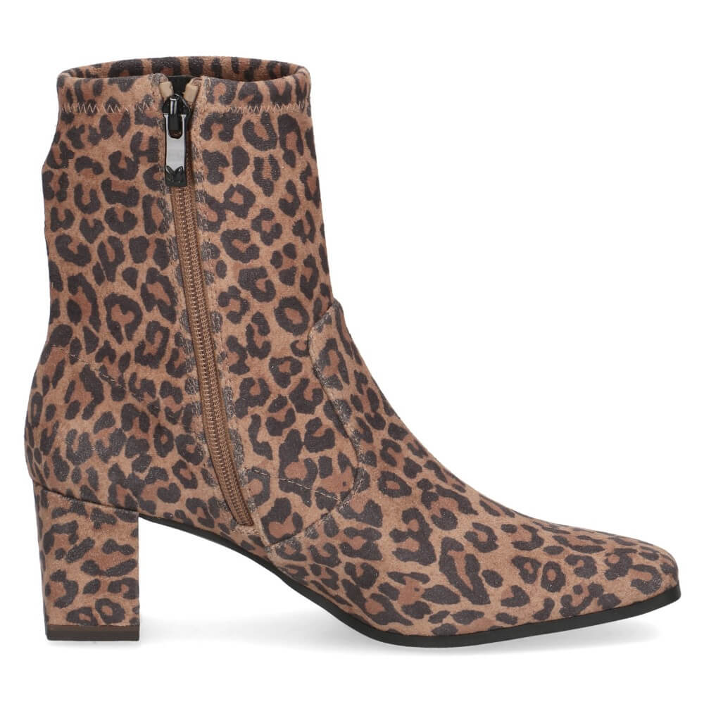 Leopard print boot with PFI vegan certification label on a white background Caprice Block heel ankle boot 9-25354 Vegan LEOPARD