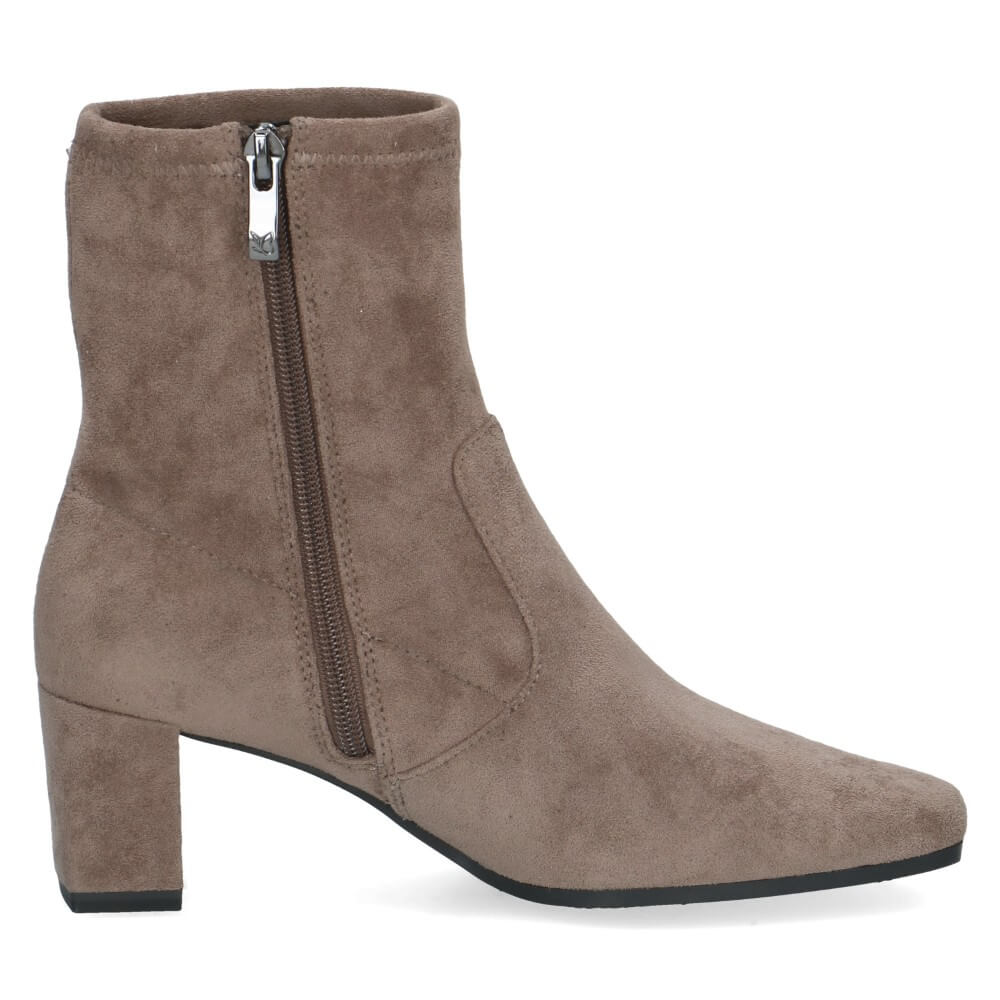 Brown suede ankle boot with a zipper on a white background Brown suede boot with a '100% Vegan' label on a white background Caprice Block heel ankle boot 9-25354 Vegan CAFFEE