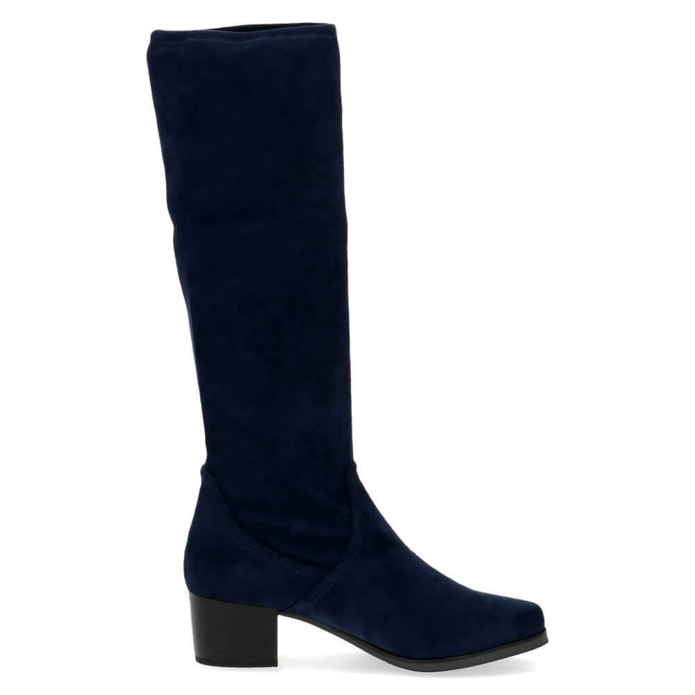 Navy blue knee-high boot with a '100% Vegan' label on a white background Caprice Knee High Stretch Boots 9-25506 Vegan Navy