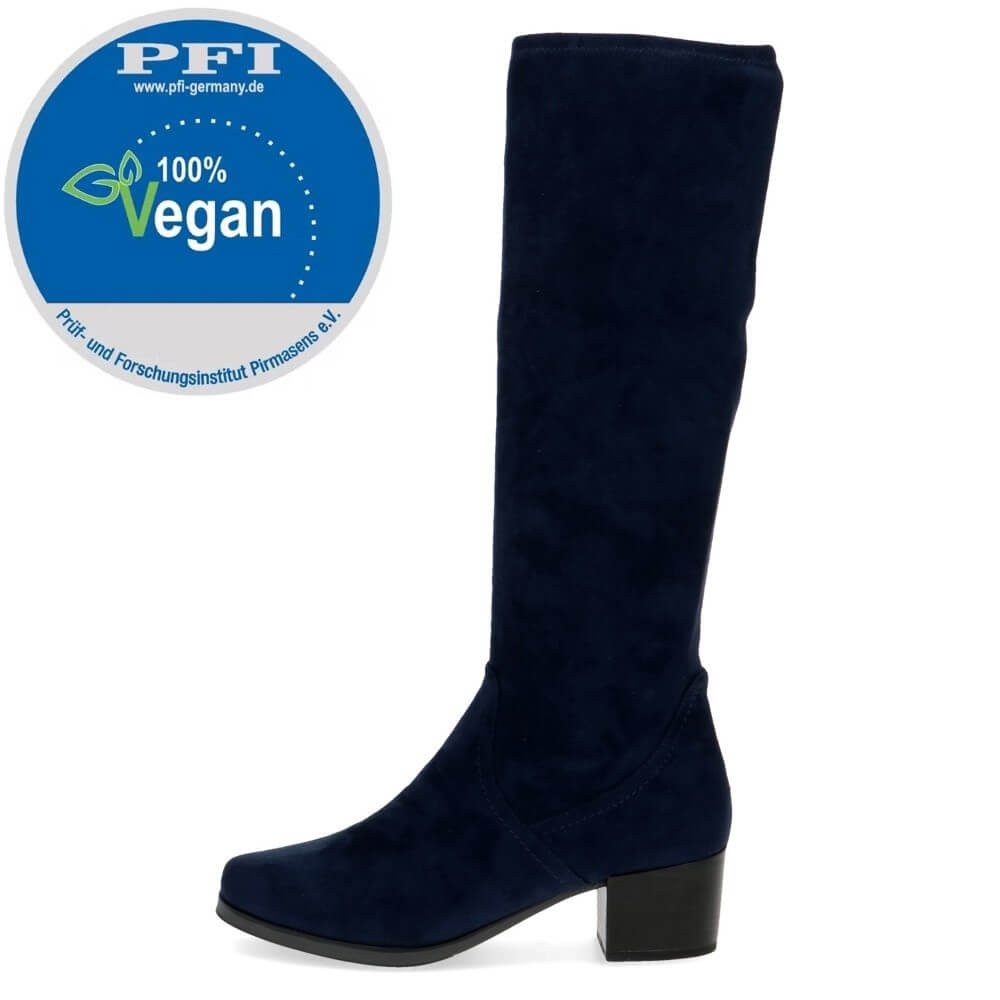 Navy blue knee-high boot with a '100% Vegan' label on a white background Caprice Knee High Stretch Boots 9-25506 Vegan Navy