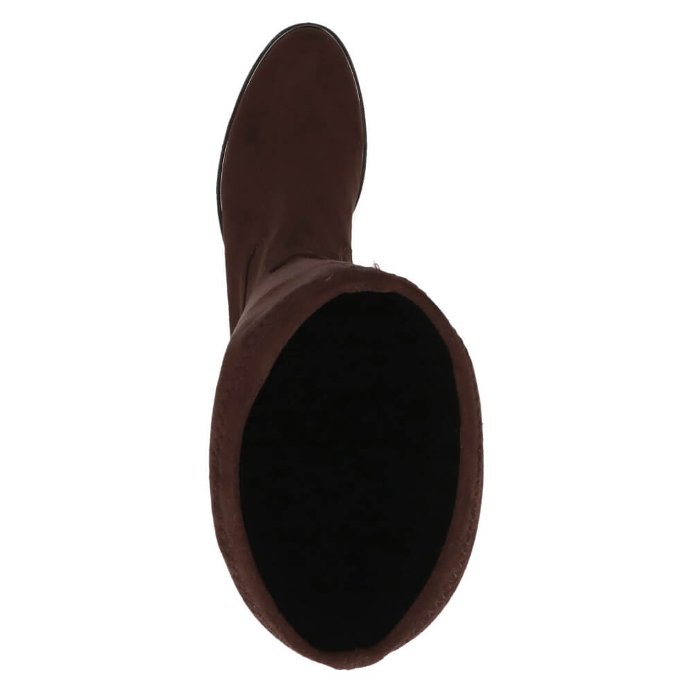 Brown knee-high boot with a '100% Vegan' label on a white background