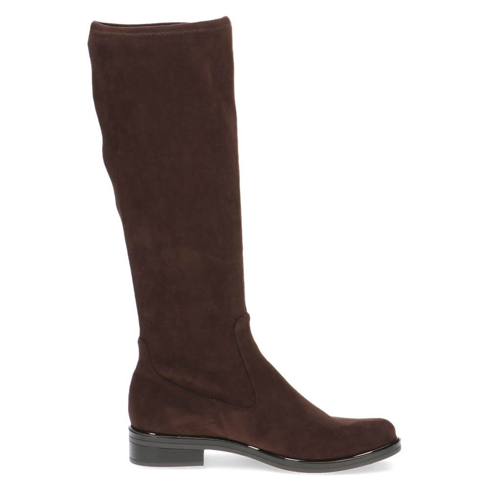 Brown knee-high boot with a '100% Vegan' label on a white background