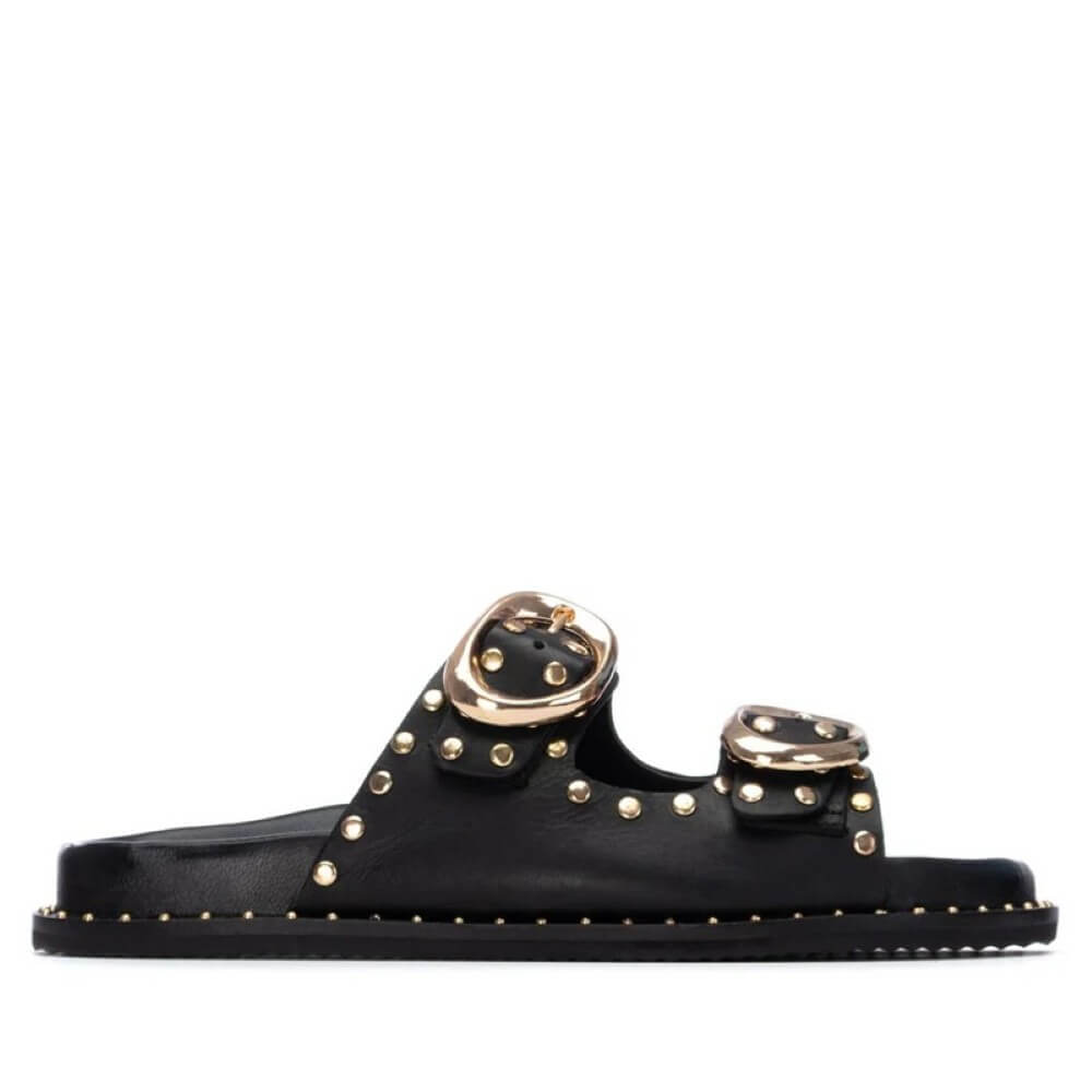 Carmela Black Leather sandal with gold studs and buckles