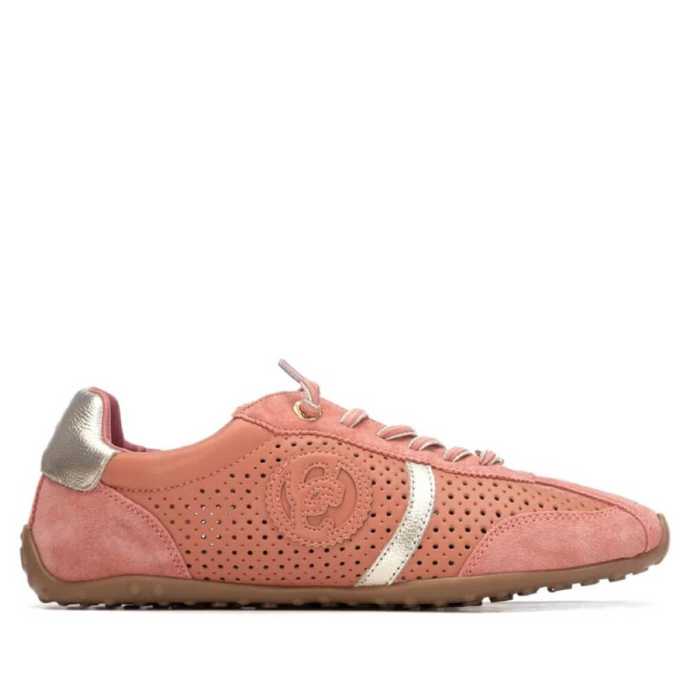 Carmela Coral Pink sneaker with gold accents on a white background