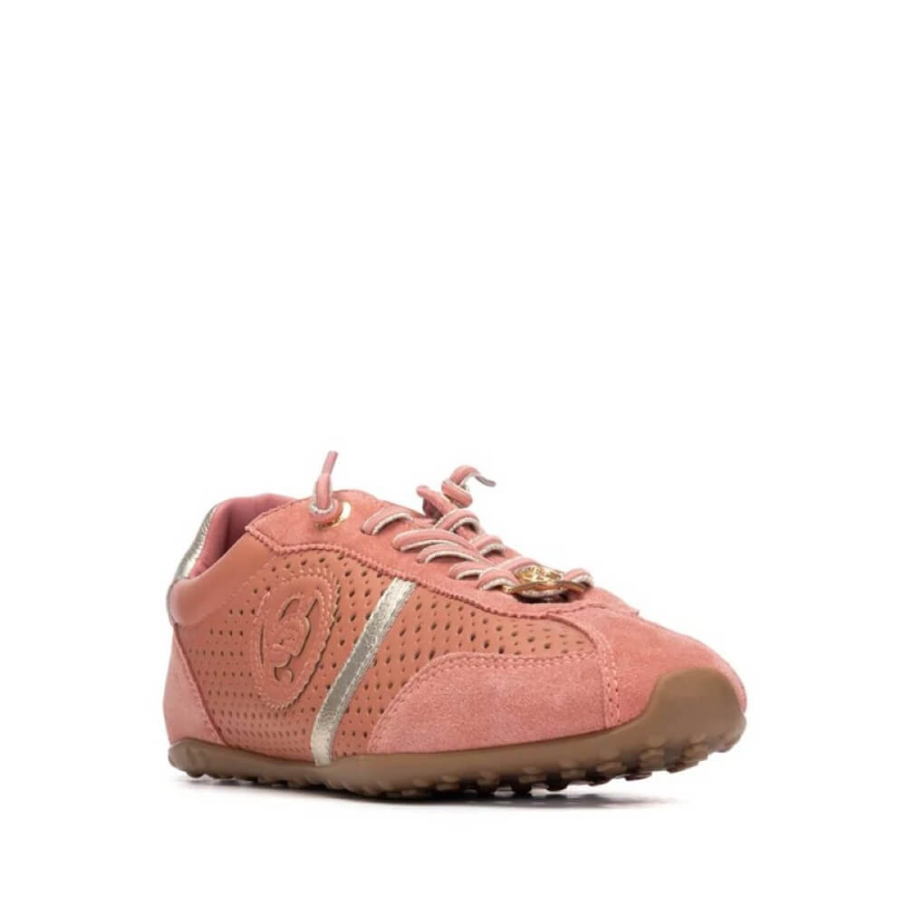 Carmela Coral Pink sneaker with gold accents on a white background