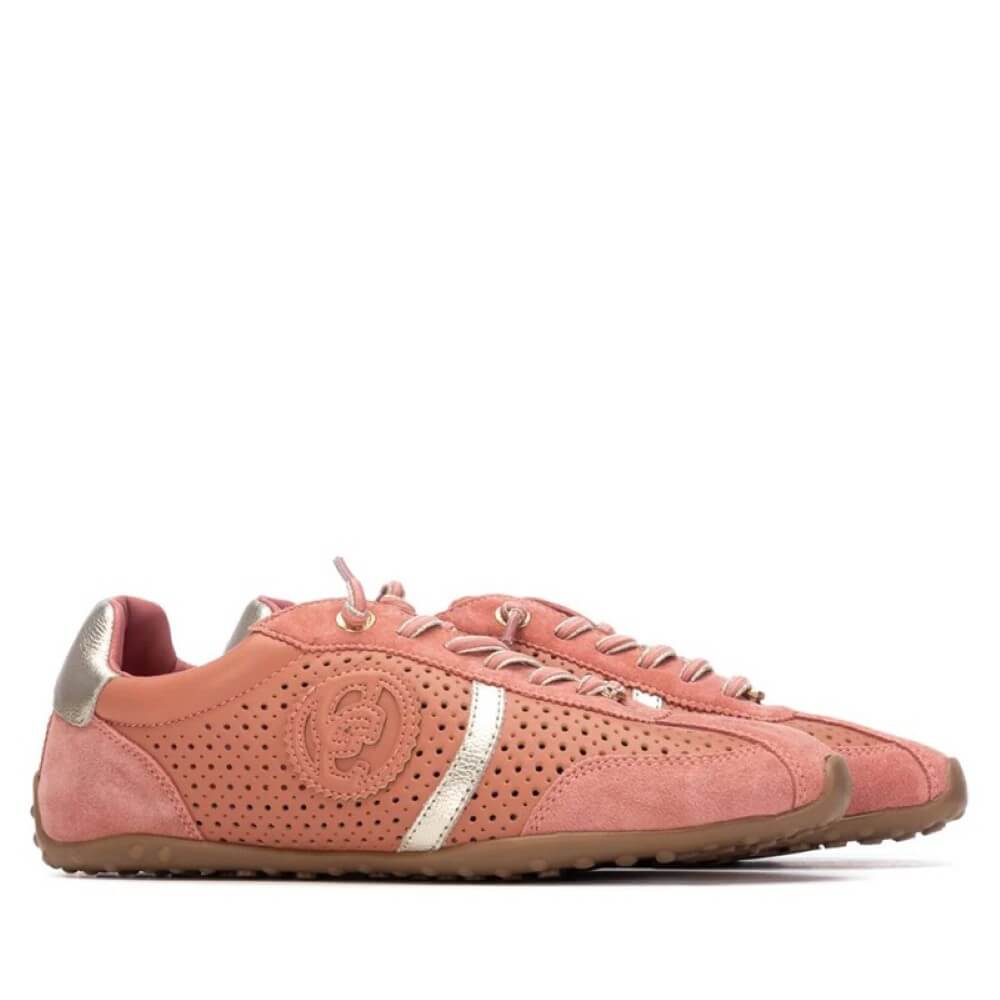 Carmela Coral Pink sneaker with gold accents on a white background