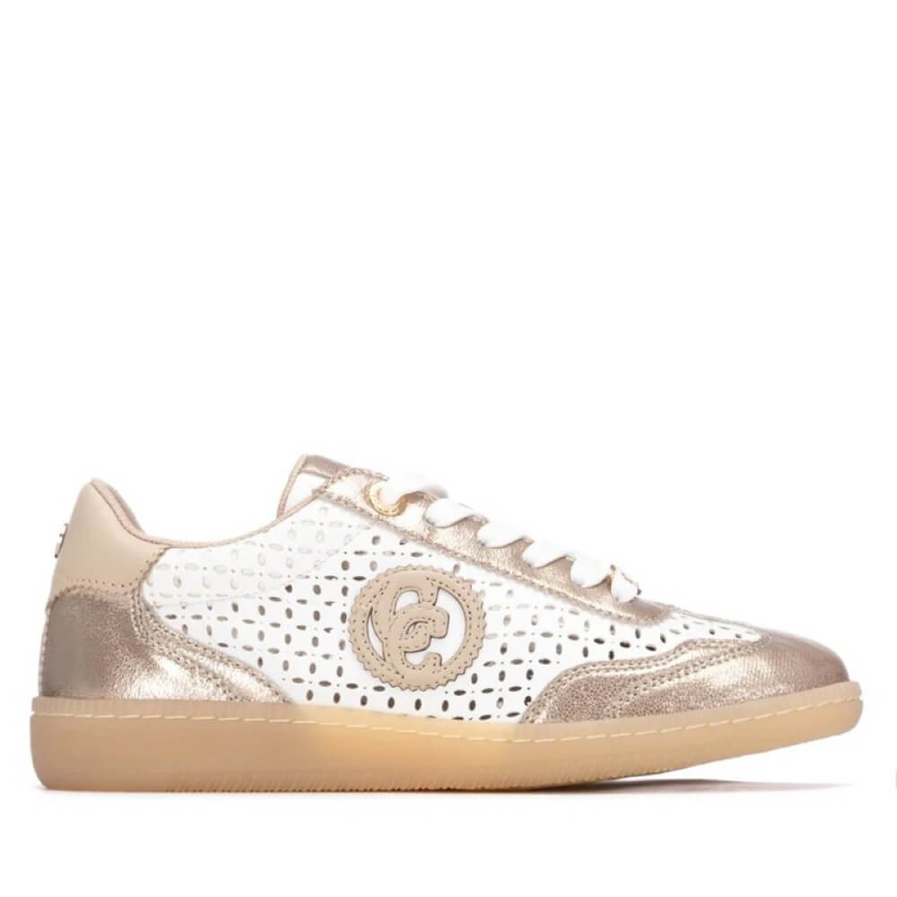 Carmela Gold and white sneaker with a brand logo on a white background